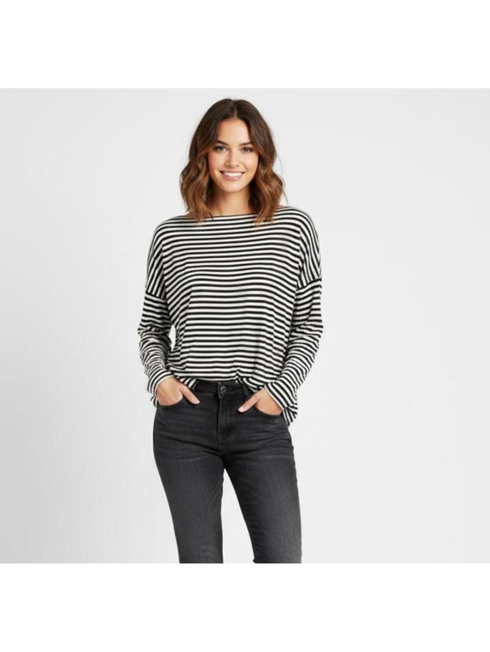 Vince Silk-Blend Striped Boat Neck Top Size M Luxury Nautical Black & White